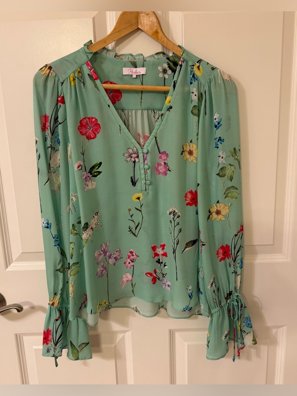 Parker Green Floral V-Neck Blouse Boho Long Ruffle Tie Sleeve Top Women’s XS EUC
